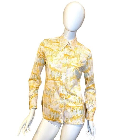 Vintage 1970s Vera Button Down Geometric Long Sleeve Shirt M Saffron Marigold - Picture 3 of 15
